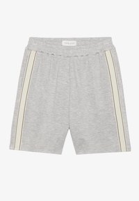 Gray sweatshirt shorts with an elastic waistband. Features two side stripes in cream and brown. Made from soft, textured fabric.
