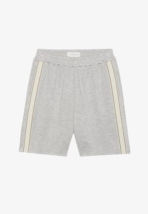 Pantaloni corti grigi con felpa e vita elasticizzata. Presentano due strisce laterali in crema e marrone. Realizzati in un morbido tessuto di consistenza.