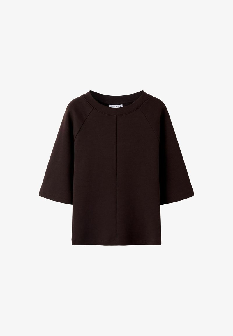 Top corto marrone a maniche corte realizzato in morbido cotone, con scollatura rotonda e maniche raglan. Presenta un design semplice con dettagli di cucitura minimi.