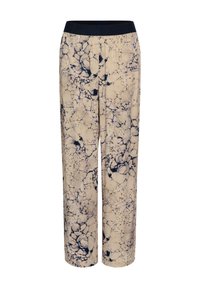 Wide-leg trousers with a navy and cream marbled pattern, featuring an elastic waistband. Made from smooth, lightweight fabric.