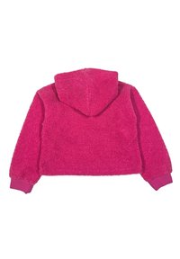 FELPA CORTA ROSA REALIZZATA IN TESSUTO MORBIDO, CON CAPPUCCIO E POLSINI RIBALTATI. IL DESIGN INCLUDE UN COLORE SOLIDO SENZA PATTRONI VISIBILI.