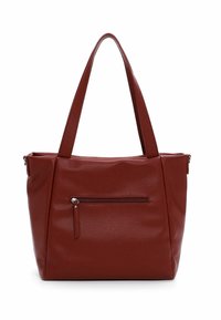 Red textured leather tote bag with dual handles, zip closure, and an exterior zip pocket on the front.