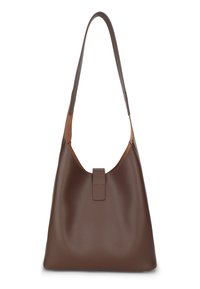 Brown leather shoulder bag with a smooth texture, semi-structured design, and a flat closure detail. Features a single adjustable strap.
