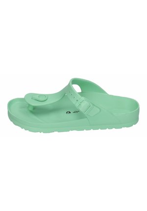 Mint green sandal with a molded design, adjustable strap, a toe post, and textured sole for grip. Made from lightweight, durable material.