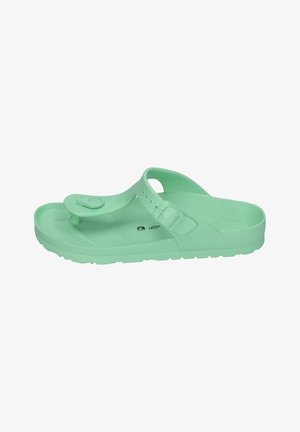 Mint green sandal with a molded design, adjustable strap, a toe post, and textured sole for grip. Made from lightweight, durable material.