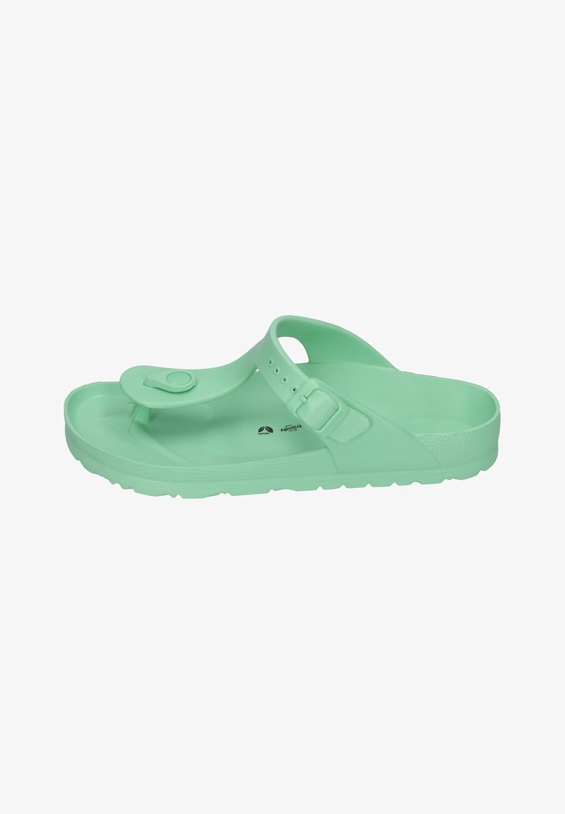 Mint green plastic sandal featuring a toe post and an adjustable strap with a buckle. Textured soles for grip and comfort.