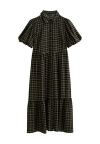 Robe à carreaux verts et noirs avec de courtes manches bouffantes, des boutons sur le devant, une jupe à volants et un col. Fabriquée en tissu léger.