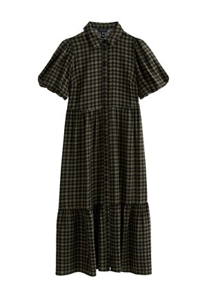 Grünes und schwarzes kariertes Kleid mit kurzen Puffärmeln, vorderen Knöpfen, einem gestuften Rock und einem kragenförmigen Ausschnitt. Hergestellt aus leichtem Stoff.