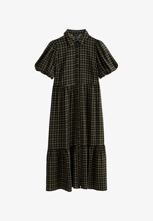 Green and black checkered dress with short puff sleeves, front buttons, a tiered skirt, and a collared neckline. Made from lightweight fabric.