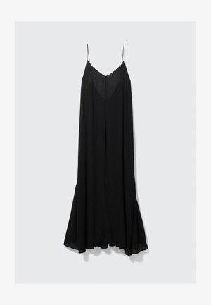 Black sleeveless dress with a deep V-neckline, made of lightweight fabric, and a flowing silhouette that flares at the hem.