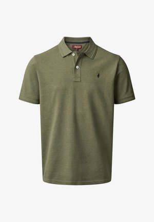 Olivgrünes Polohemd mit kurzen Ärmeln, zwei weißen Knöpfen und einem kleinen dunklen Logo auf der linken Brust.