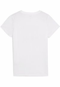 Bílý krátký rukáv T-shirt vyrobený z hladké bavlny. Má kulatý výstřih a nenápadné logo na horní části zad. Jednoduchý design, bez vzorů.