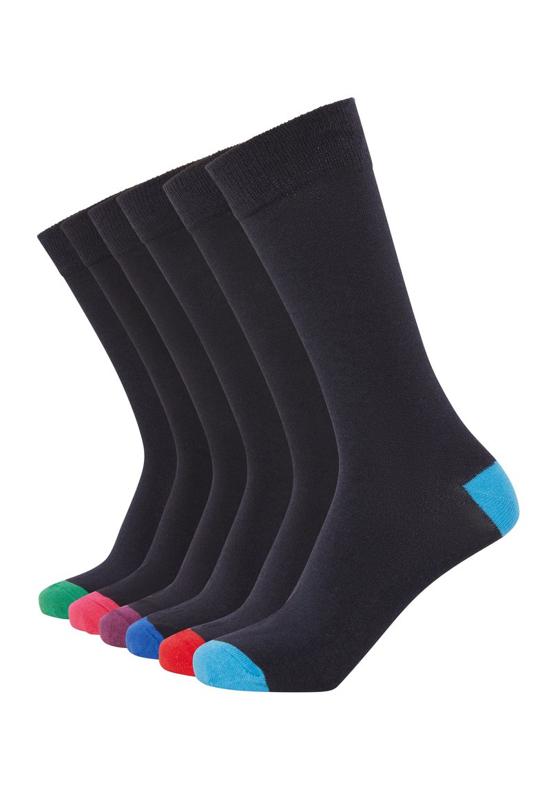 Black cotton socks with colored toe accents: green, pink, purple, red, blue. The socks feature a ribbed cuff and smooth texture.