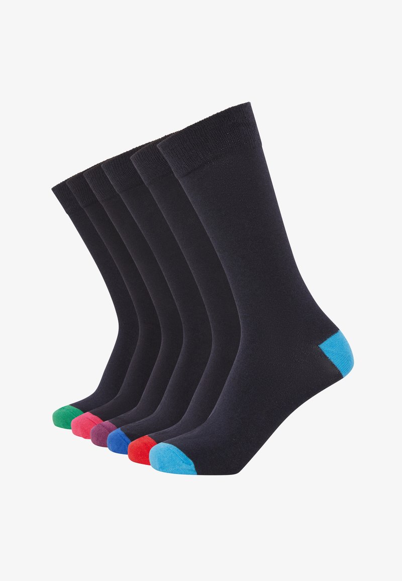 Black cotton socks with colored toe accents: green, pink, purple, red, blue. The socks feature a ribbed cuff and smooth texture.