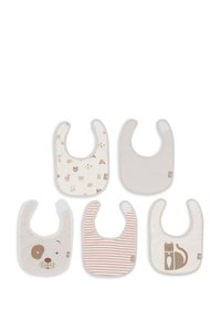 Set van vijf baby slabbetjes, gemaakt van zacht textiel. De ontwerpen omvatten dierenprints, strepen en effen kleuren, in neutrale tinten met accenten.