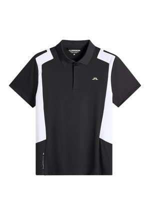 Polo a maniche corte bianco e nero con collo, design a blocchi di colore, piccolo logo sul petto e nome del marchio vicino all'orlo.