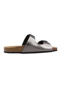 Sandalo scivoloso in argento metallico con sottopiede in sughero, design open toe e due cinturini neri regolabili. Suola in gomma testurizzata per una migliore aderenza.