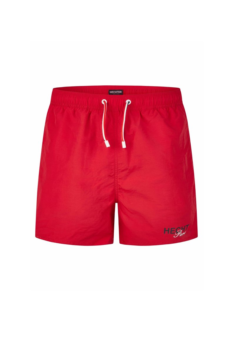 Shorts de bain rouges en tissu léger avec une taille élastique et un cordon de serrage. Présente un logo noir sur le côté droit.