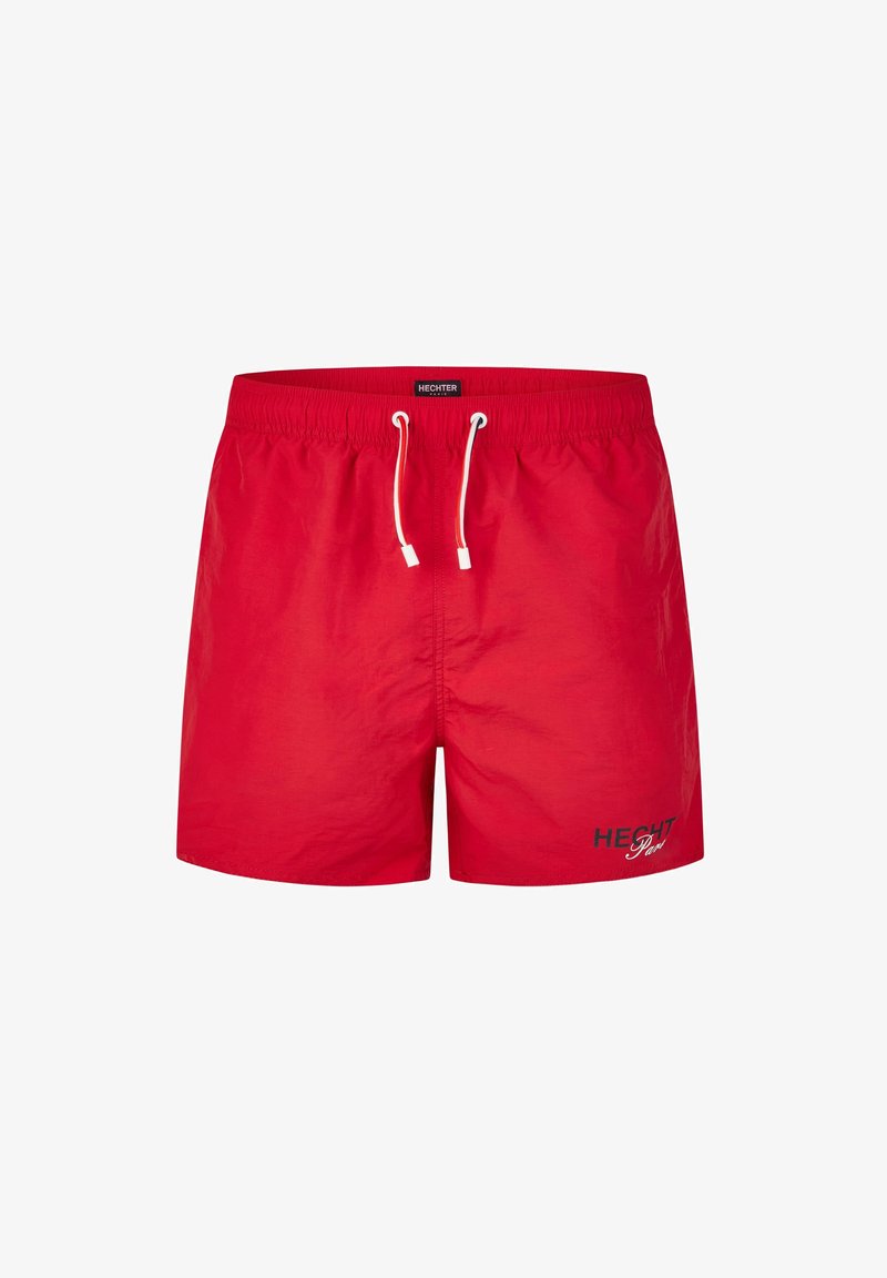 Shorts de bain rouges en tissu léger avec une taille élastique et un cordon de serrage. Présente un logo noir sur le côté droit.