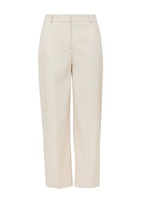Kremowe spodni dresowe, uszyte z gładkiego materiału. Posiadają prosty krój, fałdy z przodu oraz pas z pętlami na pasek.