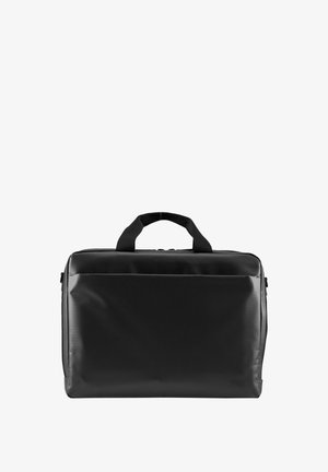 Schwarze Laptoptasche mit glatter, glänzender Oberfläche, rechteckiger Form, zwei Griffen und einer Fronttasche. Verfügt über einen Reißverschlussverschluss an der Oberseite.