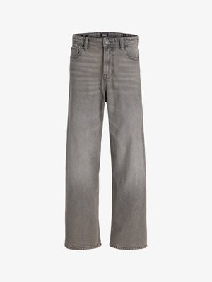 Grå denimjeans med rette ben, fem lommer og knappelukking, vist på hvit bakgrunn.