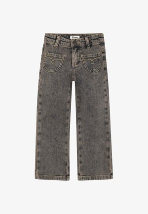 Ciemnoszare jeansy z denimu o prostym kroju, z dwoma przednimi kieszeniami i dekoracyjnym przeszyciem; posiadają zapięcie na guziki oraz szlufki na pasek.