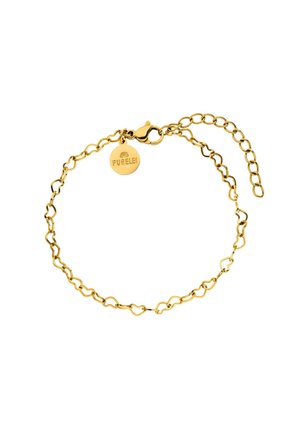 Zartes Goldkettenarmband mit kleinen herzförmigen Gliedern und einem runden Verschlussanhänger, graviert mit dem Markennamen Purelei.