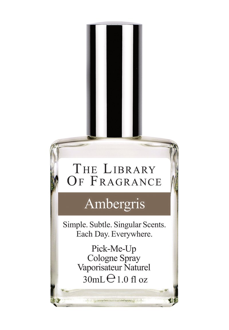 Klare Glasflasche mit rechteckiger Form, silberner Kappe und bedrucktem Etikett. Das Etikett enthält den Produktnamen "Ambergris" und Duftdetails.