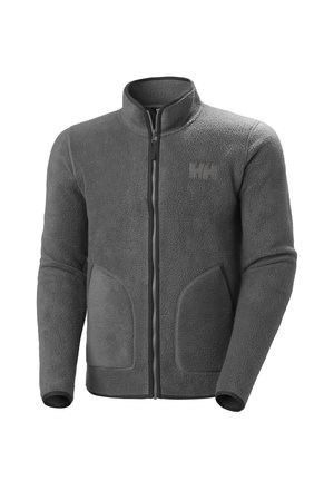Chaqueta de forro polar en gris oscuro con cuello alto, cremallera completa, dos bolsillos frontales, tejido texturizado y cremallera negra contrastante.
