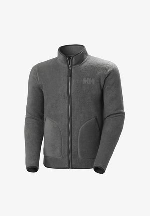 Fleecová bunda tmavě šedé barvy s vysokým límcem, plným zipem, dvěma předními kapsami, texturovanou tkaninou a kontrastním černým zipem.