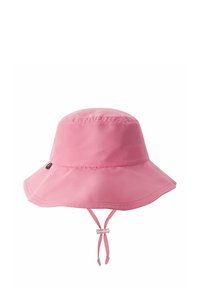 Cappello a secchiello rosa realizzato in tessuto morbido. Presenta una visiera larga e floscia e cinturini regolabili sul retro per una vestibilità sicura.