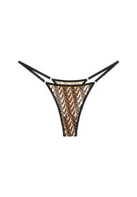 String noir en dentelle avec un panneau en mesh nude au motif spirale, des fines bretelles et des accents dorés. Design minimaliste, cuisse haute.