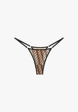String noir en dentelle avec un panneau en mesh nude au motif spirale, des fines bretelles et des accents dorés. Design minimaliste, cuisse haute.