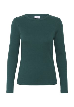 Langærmet crew neck top i en skovgrøn ribbet stof, med en tætsiddende silhuet og en blød tekstur, uden synlige dekorationer.