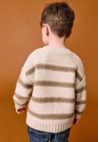 Pull en tricot beige clair avec des rayures horizontales marron. Présente des poignets et un ourlet côtelés, texture douce. Porté avec un jean bleu.