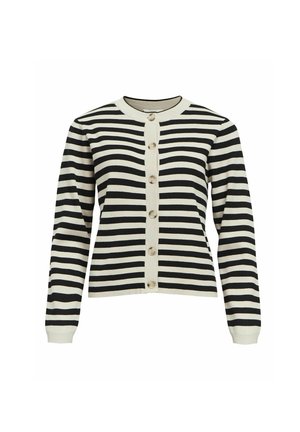 Gebreide cardigan met horizontale zwart-witte strepen, voorzien van een ronde halslijn, knoopsluiting aan de voorkant en ribgebreide manchetten en zoom.