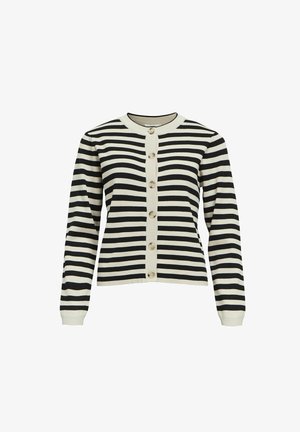 Cardigan en tricot avec des rayures horizontales noires et blanches, doté d'un col rond, d'une fermeture à boutons et de poignets et d'un ourlet côtelés.