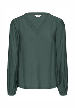 Dunkelgrüne Bluse mit langen Ärmeln und V-Ausschnitt, gerafften Bündchen und einem leichten Glanz auf dem Stoff.