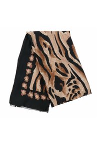 Sciarpa nera con stampa di tigre in tonalità di marrone e finitura strutturata, decorata da un bordo di piccole figure floreali. Bordi sfrangiati.