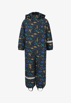 Combinaison de neige imperméable avec un motif de dinosaure bleu, vert et or, dotée d'une capuche, de poignets élastiques, d'une bande réfléchissante et de sangles pour les pieds.