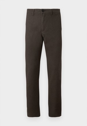 Brown trousers made of a textured fabric, featuring a straight-leg design, a single button closure, and minimalistic style.