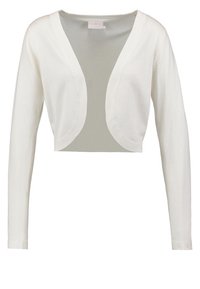 White cropped cardigan made of a soft, lightweight material. Features a deep V-neck and long sleeves with no fastenings.