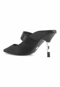 Black high-heeled mule with a pointed toe, smooth leather upper, and wide strap across the instep; transparent stiletto heel with a black cap.