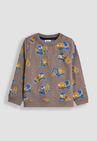 Brown long-sleeve shirt with a playful print of yellow and blue construction vehicles. Soft fabric with a round neck and button detail.