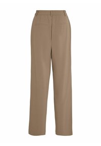 Beige, brede bukser lavet af blødt stof. Har en elastisk talje og to baglommer. Glat tekstur, enkelt design.