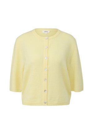 Weiche, gelbe, kurzärmelige Strickjacke mit rundem Ausschnitt und durchgehender Knopfleiste, gefertigt aus Strickstoff.