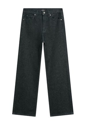 Wijde donkerdenim jeans met een gladde textuur, vijf zakken en een knoopsluiting. Kenmerkt zich door minimale stiksels en een klassieke snit.