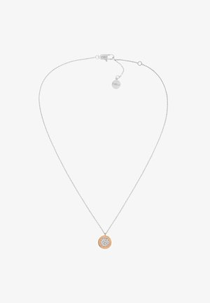 Ezüst lánc nyaklánc, középen kerek rose gold medállal, amely tiszta kristályokkal és gravírozott díszítésekkel van ellátva. Állítható lánchosszúság.