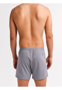 Man van achteren weergegeven, gekleed in lichtgrijze boxershorts met elastische tailleband, tegen een effen witte achtergrond.